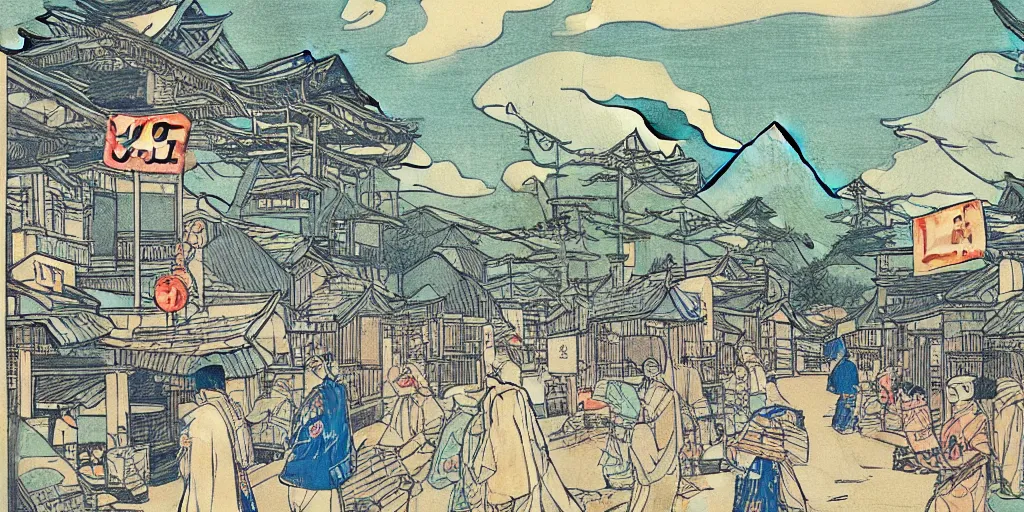 Image similar to “woodblock scene depicting cozy Japanese village being protected by a large gundam. POV from street level.”