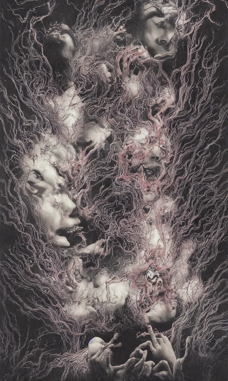 Image similar to 中 元 节, 中 国 鬼 节, king of hell, inside page of comic book, psychedelic lights and fog, in the style of zdzislaw beksinski, ayami kojima, takato yamamoto, barclay shaw, karol bak, glowing light and shadow, hyperrealist