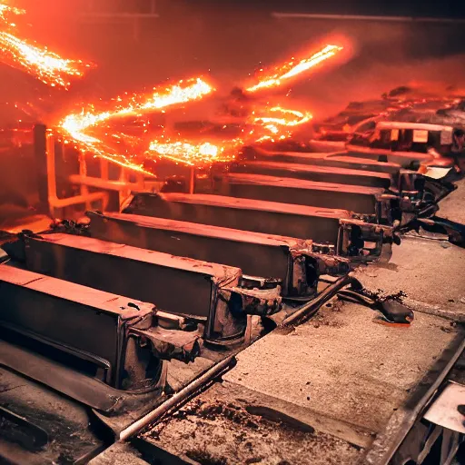 Image similar to line of toaster oven mecha heads on conveyor belt, dark messy smoke - filled cluttered workshop, dark, dramatic lighting, orange tint, sparks, cinematic, highly detailed, sci - fi, futuristic, movie still