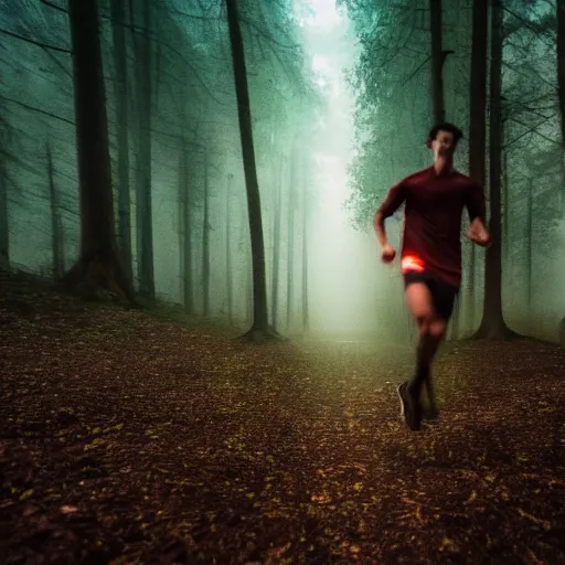 Prompt: a smudged, scratched, grainy and blurry photograph showing the whole body of a young tall man dynamically and frenetically running from danger in the dark forest. in the foggy woods, night time, flash lights