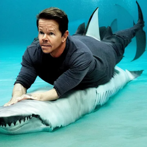 Prompt: mark wahlberg in a shark costume diving under water during shark week.