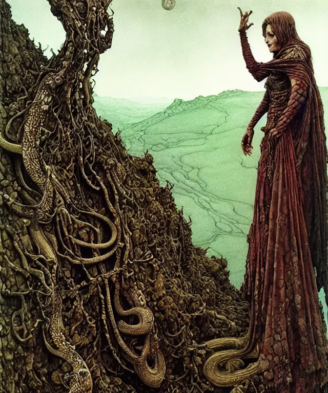 Image similar to A detailed snakewoman stands among the hills. Wearing a ripped mantle, robe. Extremely high details, realistic, fantasy art, solo, masterpiece, art by Zdzisław Beksiński, Arthur Rackham, Dariusz Zawadzki