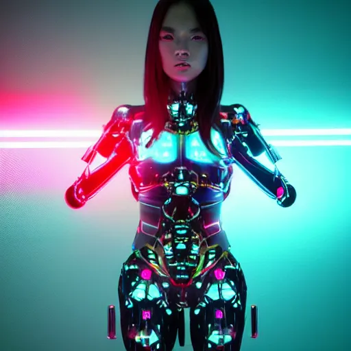 Prompt: beautiful japanese cyborg megan foxwith digital led skin, neon lighting, techno neon projector background, portrait photo, octane render
