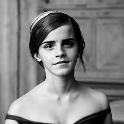 Image similar to emma watson 1 8 0 0 s in a busy saloon, black - and - white photo,