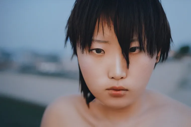 Image similar to beautiful gorgeous curvy Japanese edgy model girl with short hair, she's sad, sunset, 80mm lens, 1.2 aperture, grainy image, close up