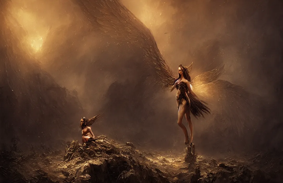 Image similar to dark angel in the style of bastien lecouffe deharme in phantastic landscape, hyperreal phantastic, intricate details in environment, meeting point, luminance, golden ratio, high aestehtic, cinematic light, dramatic light, godrays, distance, clear atmosphere, photobash, wideangle, bierstadt, hyperreal 4 k