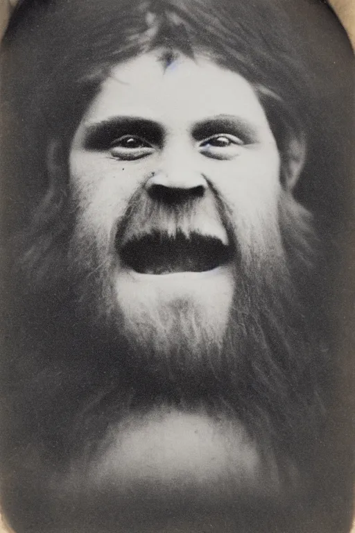 Prompt: a tintype photograph of bigfoot smiling