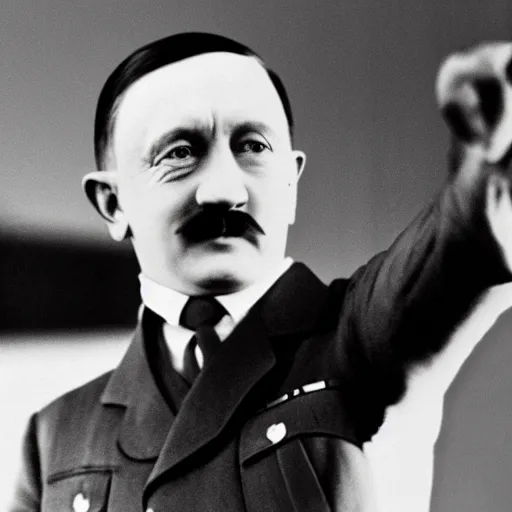 Prompt: high definition photo Hitler smirking while pointing up with one finger, 4k