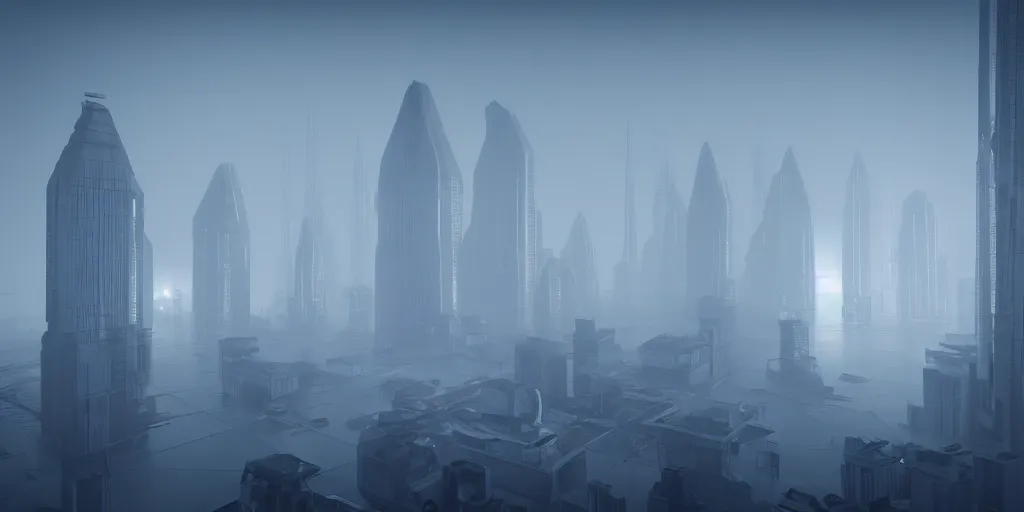 Image similar to a low poly object of a futuristic city, thick fog, elegant, moody, unreal engine