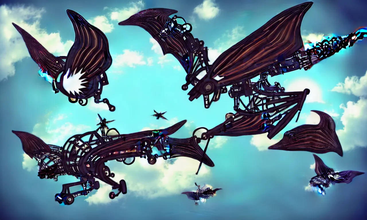 Image similar to mechanical flying ship with giant animallike wings