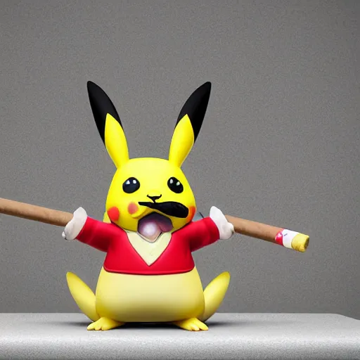 Image similar to pikatchu with a moustache, smoking a cigar with an angry expressive face, detailed photography