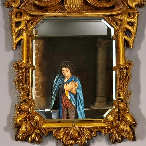 Prompt: Grogu stands ithe Philosopher's Stone staresat his reflection in an ornate mirror, hyperdetailed, UE5