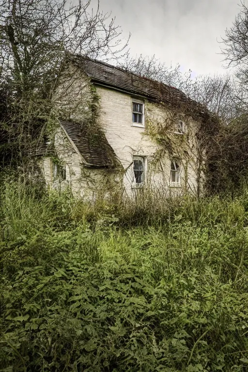 Image similar to specs of flowing light surround and swarm an abandoned overgrown cottage