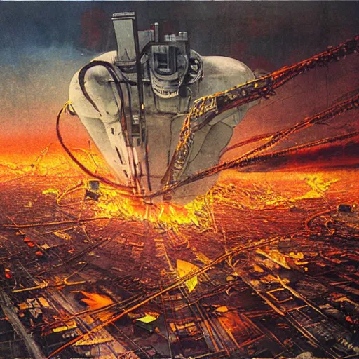 Prompt: aerial view of the full - metal irisdiscent hindenburg disaster, santiago of chile, pixeled fire from a fragmented neon - wired reality, matte painting by yoji shinkawa, esao andrews, yoshitaka amano and ryuichi sakamoto