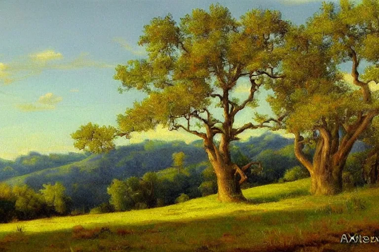 Image similar to masterpiece painting of oak trees on a hillside overlooking a creek, by alexey steele