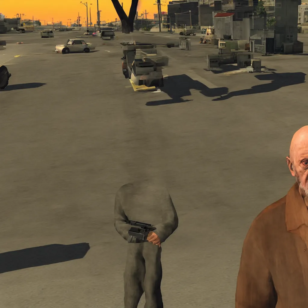 Image similar to Mike Ehrmantraut in Los Santos, screenshot from the PS2 version of GTA San Andreas, orange sky