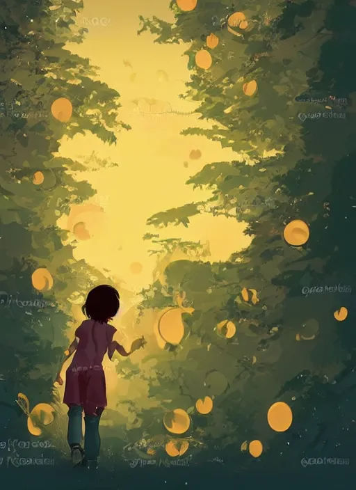 Image similar to little girl with short wavy curly light brown hair chasing fireflies in the woods. clean cel shaded vector art. shutterstock. behance hd by lois van baarle, artgerm, helen huang, by makoto shinkai and ilya kuvshinov, rossdraws, illustration, art by ilya kuvshinov