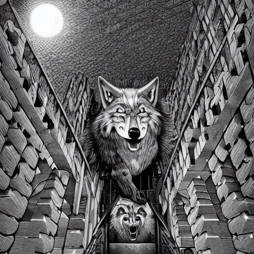 Image similar to a huge howling angry wolf in a huge bright maze of many doorways and lots of stairs, many doorways, inside MC Escher architecture, artstation, Junji Ito, epic composition, detailed background