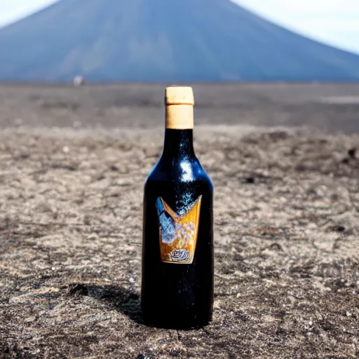 Image similar to symmetrical photo of small bottle standing, volcano background