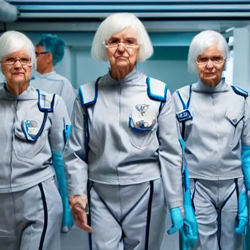 Prompt: troop 1 2 0 - year - old grannies with white bob hairdos, tight light blue neopren suits, futuristic cloning facility, sci - fi, highly detailed, cinematic