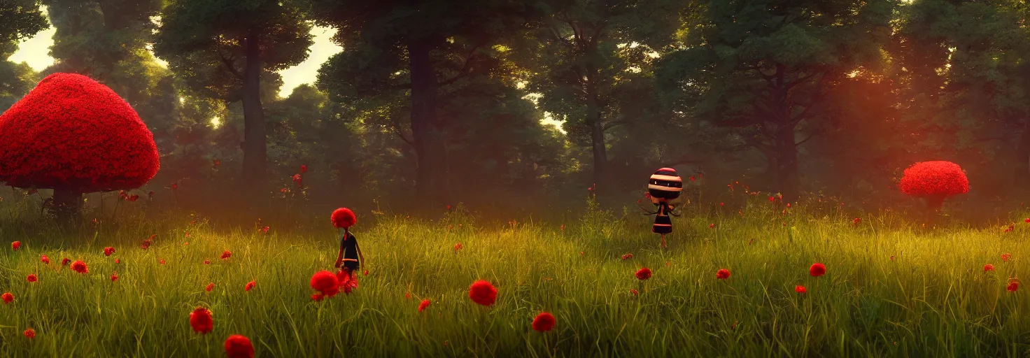 Prompt: stunning glowing crimson beehive with black accents, in a beautiful forest meadow village landscape, flowers, happy trees, photorealistic, octane render, rtx, hdr, unreal engine, digital art widescreen 8 k, studio ghibli, pixar, bee movie, disney