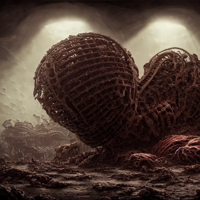 Prompt: portrait of ribbed abandoned biomechanical organic crashed spaceship on exoplanet in a desolate empty wasteland, covered with organic flesh, meat, creepy, nightmare, dream-like heavy atmosphere, surreal abandoned buildings, baroque painting, beautiful detailed intricate insanely detailed octane render trending on Artstation, 8K artistic photography, photorealistic, chiaroscuro, cinematic volumetric light, Raphael, Caravaggio, Beksinski, Giger