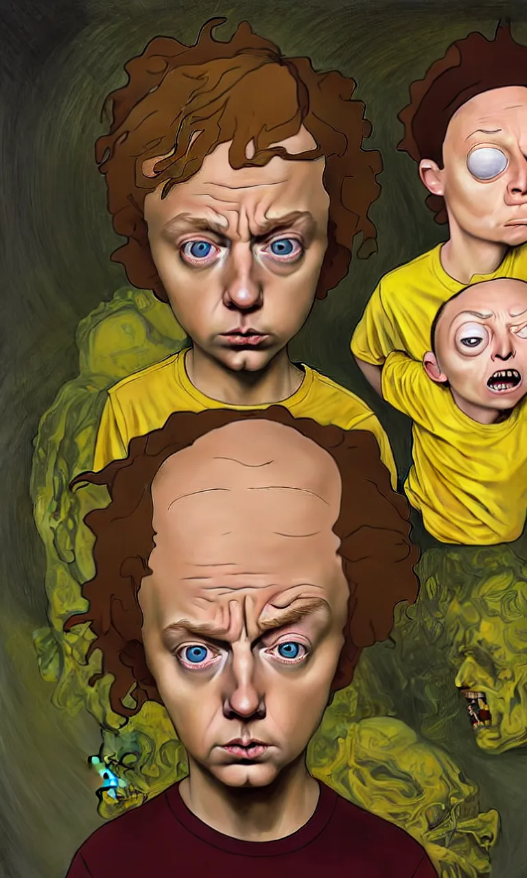 Image similar to hyper realistic portrait of an very young 1 2 yr dumb roundheaded round head morty, from rick and morty, worried, yellow t - shirt, portal in the background, by lee bermejo, alphonse mucha and greg rutkowski