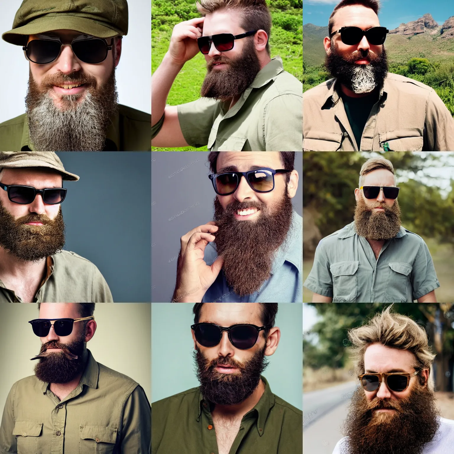 Prompt: afrikaans man with beard wearing sunglasses and khaki shirt