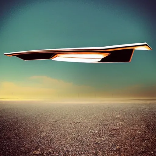 Image similar to “realistic photo, solar car hovering off a futuristic landscape”