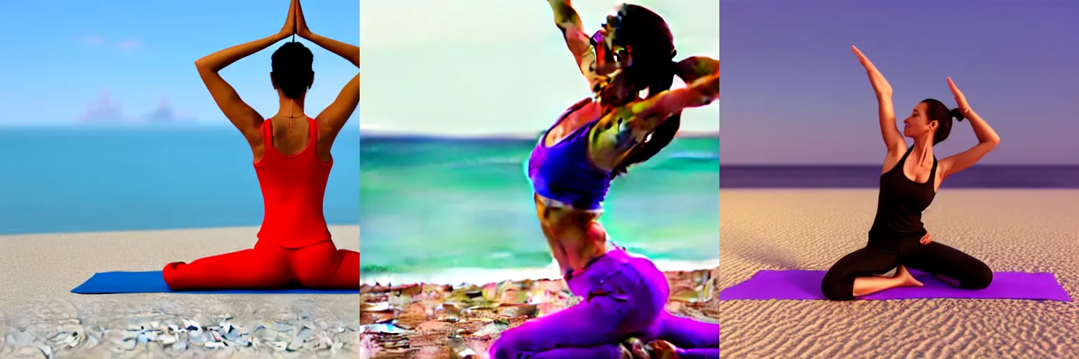 Prompt: woman doing yoga on the beach, 3d render, unreal engine, cgsociety, trending on artstation