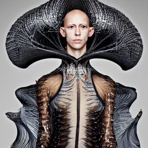 Image similar to a beautiful king wearing iris van herpen couture, photographed by andrew thomas huang