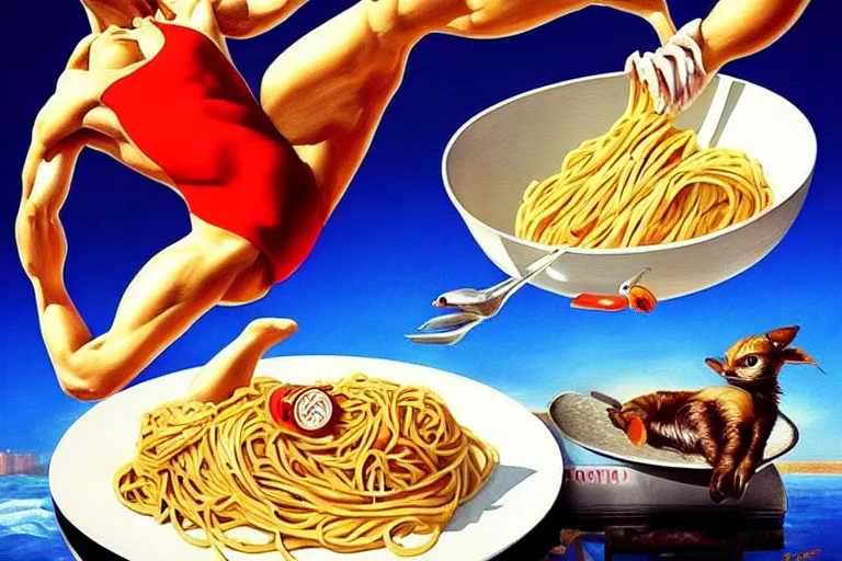 Prompt: olympic diving springoard, diver is diving head down into a dish of pasta, detailed surrealist art, artgerm