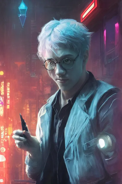 Image similar to portrait of Ron Wisly from harry potter in cyberpunk, neon lighting, night city, digital art from artstation by Ruan Jia and Mandy Jurgens and Artgerm and william-adolphe bouguereau and Greg Rutkowski and Wayne Barlowe