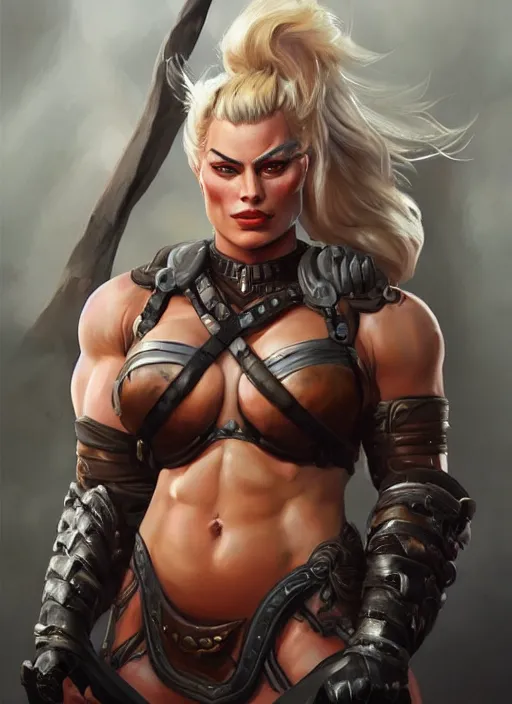 Image similar to detailed portrait of margot robbie as a thick female bodybuilder barbarian zarya from overwatch, attractive, beautiful, fantasy, intricate, elegant, highly detailed, digital painting, artstation, concept art, matte, sharp focus, illustration, art by aenaluck, artgerm and roberto ferri and greg rutkowski, epic fantasy, digital painting