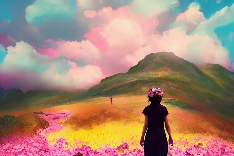 Image similar to giant dahlia flower crown face, girl walking on mountain, surreal photography, pink storm clouds, dramatic light, impressionist painting, digital painting, artstation, simon stalenhag