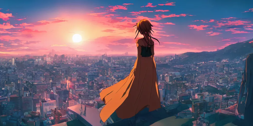 Prompt: a stunning frame from an anime view from a hill of amazing beauty a girl looks at a stunning city at sunset, a stunning figure of a girl, realistic