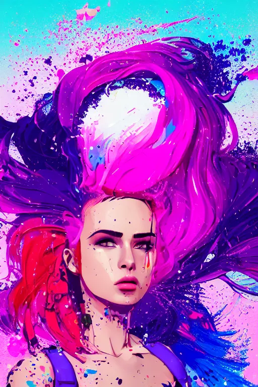 Image similar to a award winning half body porttrait of a beautiful woman in a croptop and cargo pants with ombre purple pink teal hairstyle with head in motion and hair flying, paint splashes, splatter, outrun, vaporware, shaded flat illustration, digital art, trending on artstation, highly detailed, fine detail, intricate