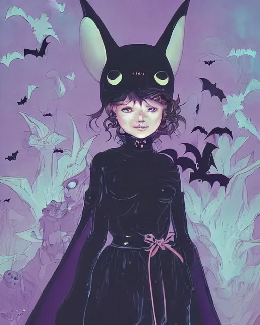 Image similar to a girl in a cute bat costume at a halloween party, full shot, focused, ambient lighting, detailed, art by ayami kojima, makoto shinkai, kilian eng