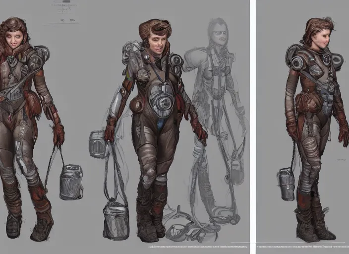 Image similar to front and back character view of a woman in scientist's jacket with a system of straps and pouches for collecting material by Donato Giancola, Trending on artstation and pixiv clean concept art and sheet