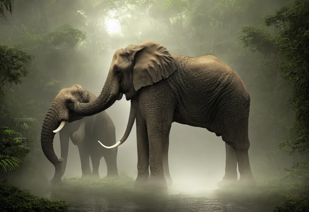 Prompt: an enormous alien elephant king, in a jungle with ominous light from above, ambient light, fog, river, very poetic