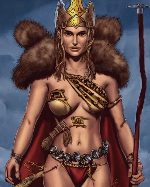 Image similar to graphic novel cover art, natalie portman as a barbarian queen wearing a bikini made from animal furs charging towards her enemy with a look of bloodlust, highly detailed, masterpiece, realistic shadows, focus on facial details, bold lineart