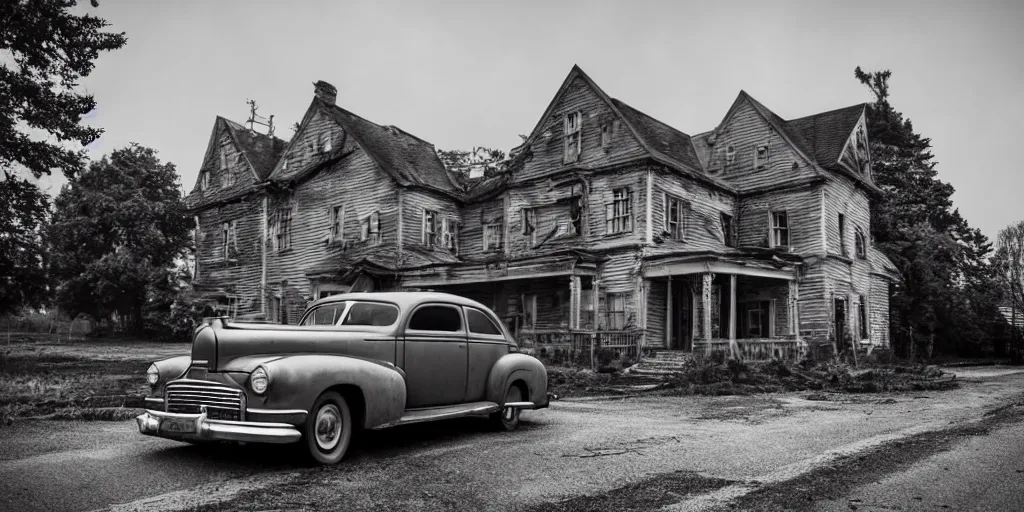 Image similar to Lovecraft Country, ultra detailed haunted house, rain, establishing atmospheric shot, unreal engine, F11 aperture, night, volumetric fog, lighting and thunder, film grain, ultra detailed grey 1948 Packard Station Sedan parked in the street,