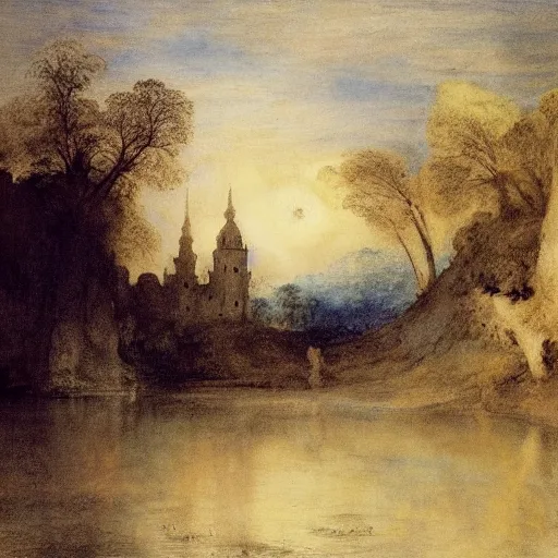 Prompt: a strange, beautiful fairy castle ( mud ) under the danube, blue hour lighting, lumnious, magical, atmospheric, backlight photo sample, illustration by goya, jmw turner and jean antoine watteau