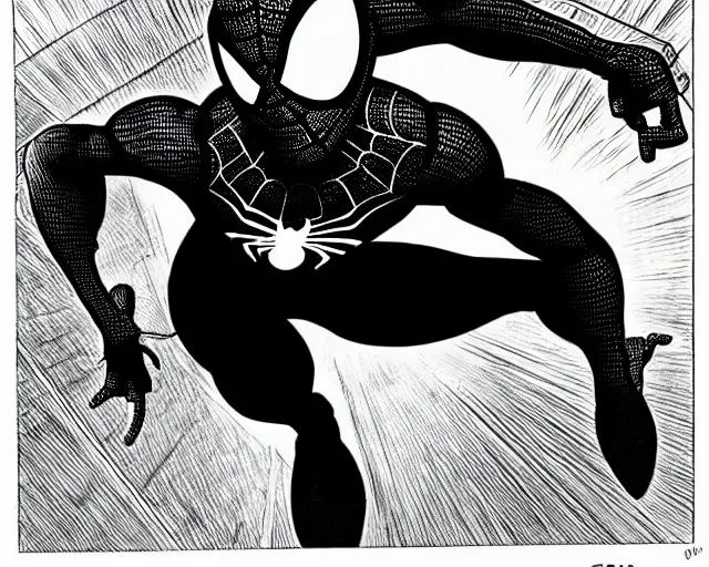 Image similar to photorealistic sketch of black spider - man with gold webbing by steve ditko