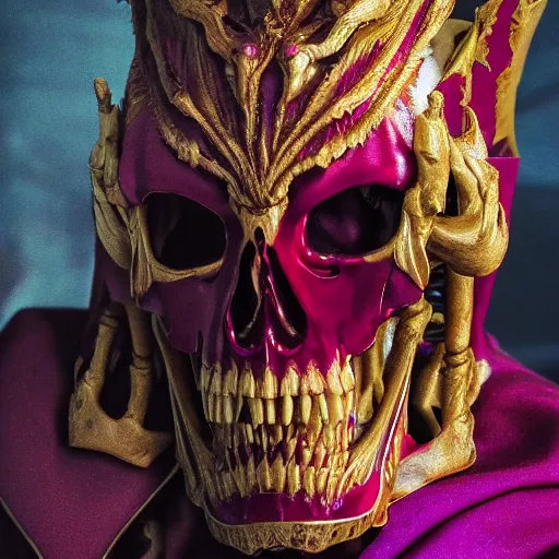 Image similar to photorealistic still portrait photograph of ainz looking at the camera, overlord, regal purple gold robe, large red shoulder rubies, depth of field, soft focus, highly detailed, intricate, realistic, national geographic cover, textured detailed skeleton, professional archeological photograph