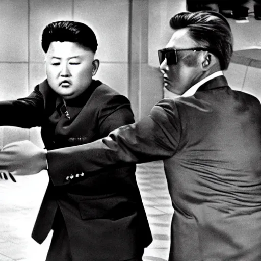 Image similar to Kim Jong-il in the role of James Bond, action filmstill, 1960s spy, Walther PPK