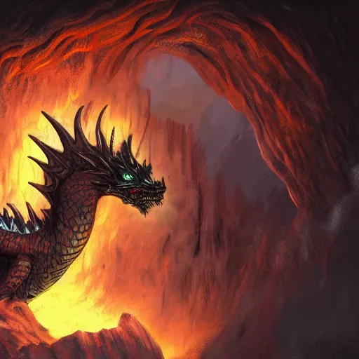 Prompt: fantasy black dragon living in huge cave, lots of details, fire breath, trending on artstation