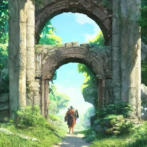 Image similar to concept art painting of an ornate ancient stone archway, in the woods, realistic, detailed, cel shaded, in the style of makoto shinkai and greg rutkowski and james gurney