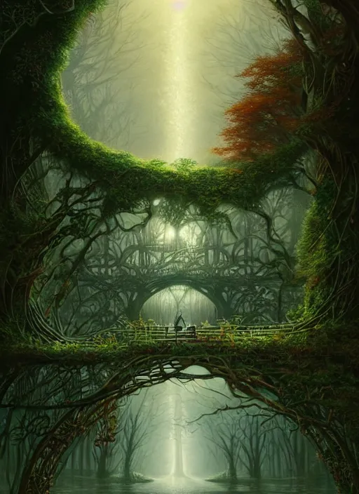 Image similar to book cover!!!!!!!!!!!!, old bridge, ivy leaves graphic vectors at each border, fantasy forest landscape, fantasy magic, light night, intricate, elegant, sharp focus, illustration, highly detailed, digital painting, concept art, matte, art by wlop and artgerm and greg rutkowski, masterpiece