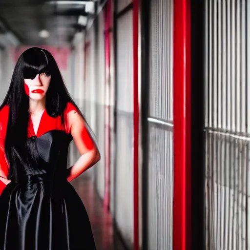 Image similar to woman with long black hair and red eyes standing in a dark hallway, wearing a red dress, 8k, photography, professional, cinematic lighting, film, high quality, depth of field, dark colors,